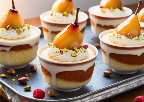 Tres Leches Artesanal in cups with glazed pears